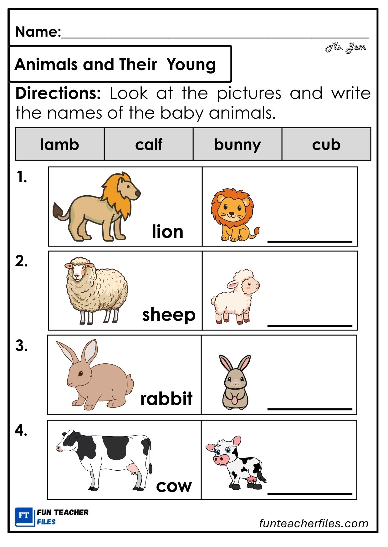 Animals and their Young Worksheet 1 - Fun Teacher Files