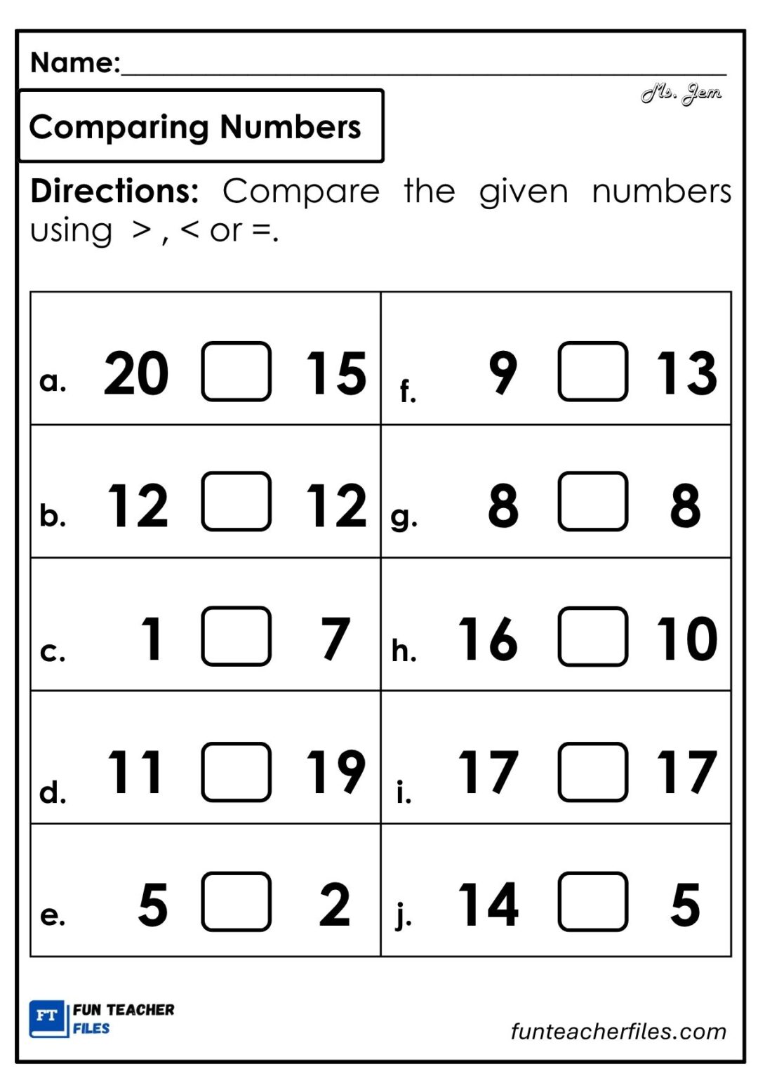 Comparing Numbers Worksheets 3 - Fun Teacher Files