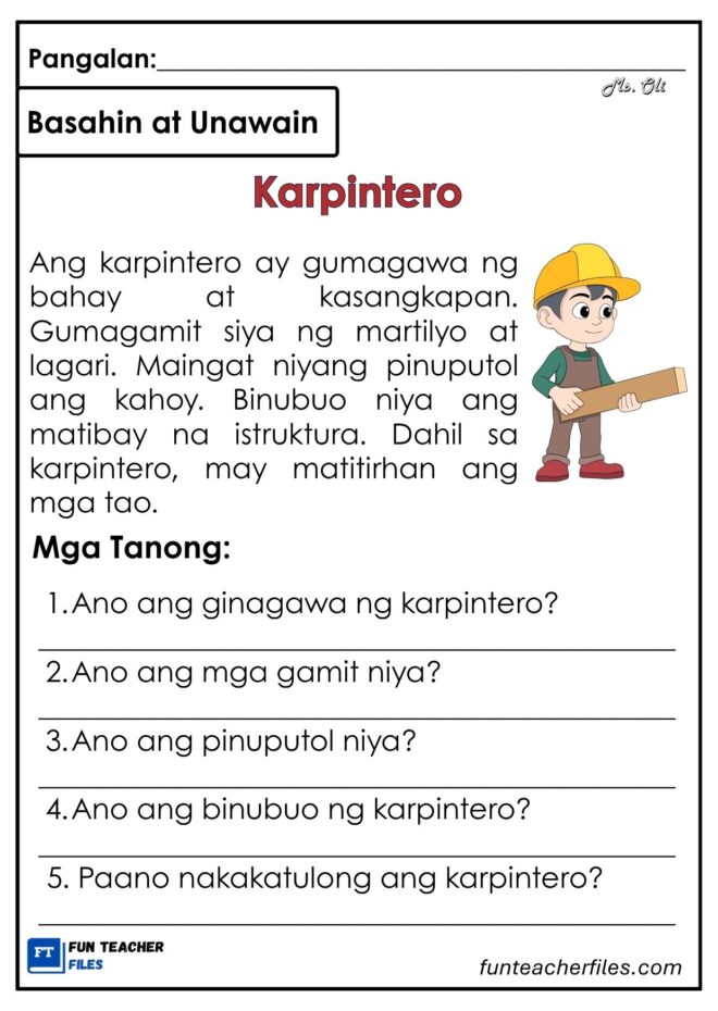 Filipino Reading Materials with Comprehension Questions Set 36- Jobs ...