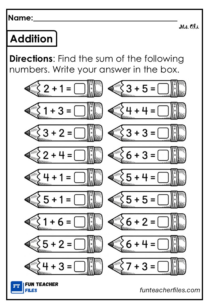 One Digit Addition Worksheet 3 - Fun Teacher Files