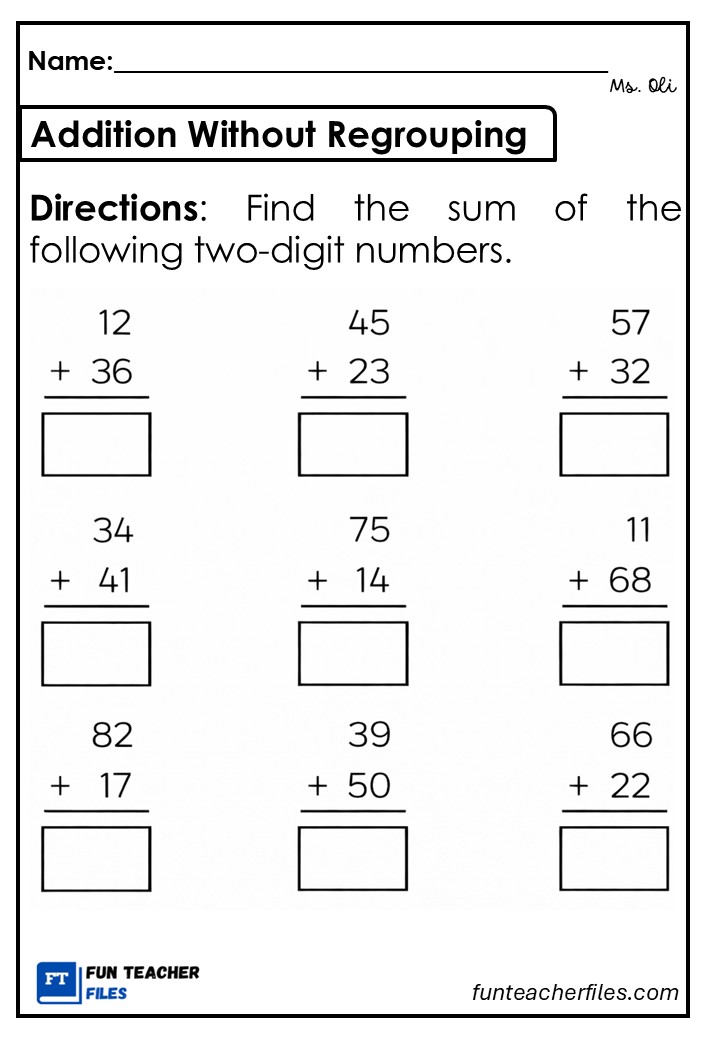 Addition Without Regrouping Worksheet 2 - Fun Teacher Files